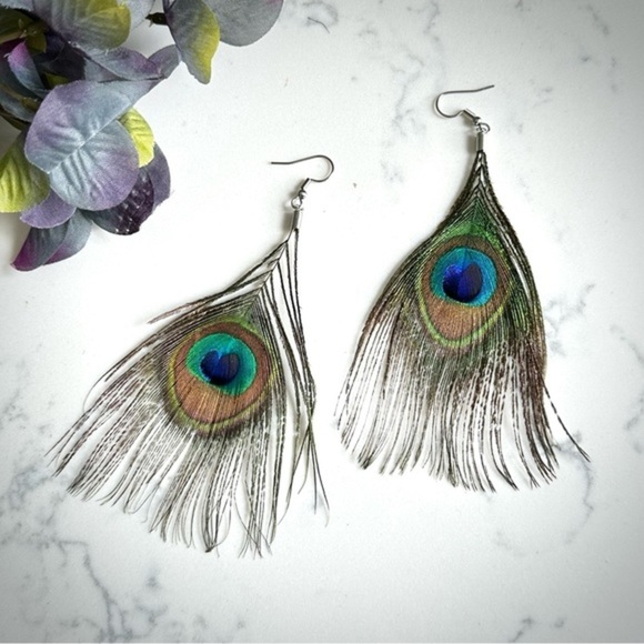 Jewelry - 2/$30🌵 Peacock Feather Earrings Boho Jewel Tones Hippie Long Southwestern NEW